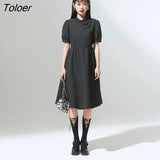 Women Dress 2022 Summer Short Sleeve Stand Collar A Line Solid Black Chinese Style Cheongsam Elegant Vintage