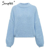 Winter lantern sleeve knitted sweater pullover Women loose O-neck solid sweater Female autumn casual sweater jumper