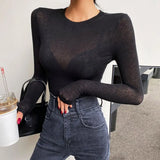 Cotton Summer T Shirt Women Long Sleeves Tee Shirt High Elasticity Breathable Sexy Thin T-shirt see through Female Top-Outfit