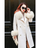 Women Woolen Coat 2019 Winter New Slim Solid Pocket Double-Breasted Big Fur Collar Thick Warm Woolen Coat Female