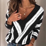 Womens Fashion Long Sleeve V Neck Striped Knitting Casual Tunic Blouse Sweater Suter Trui