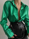 Satin Long Sleeve Blouses Women 2022 Vintage Blue Green Silk Shirt Women Casual Loose Button Up Female Shirts