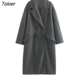 Women Double Breasted Loose Woolen Coat Lapel Collar Long Sleeves Solid Women'S Casual Oversize Coat Autumn