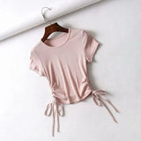 Side Drawstring Tie Up Ruched Tank Tops Women Solid Color Slim Crop Top Ladies Streetwear Ribbed Knitted Tees