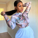 Winter Women's Body 2020 New Vintage Print O-Neck Long Sleeve Bodysuit Women Clothes Sexy Outfits