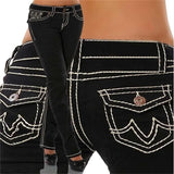 Jeans High Waisted Straight Skinny Stretchy Pant Streetwear Ladies Hole Washed Bandage Denim Pencil Pants Trousers