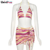 Puss Tie Dye Print Women 3 Piece Set Beach Style Halter Bikini Top+Briefs+Ruched Mini Skirt Matching Slim Vacation