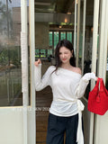Xixi 2025 Autumn New White Standard Temperament Slant Shoulder Solid Color Knit Shirt Long-Sleeved Top Sweater