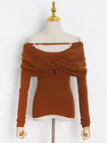 High Street Slim White Sweater For Women Slash Neck Long Sleeve Solid Knitting Pullover Female Clothing Fashion