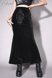 Vintage Black Velvet Split Skirts Aesthetic Sexy High Waist Bow Bodycon Long Skirt Elegant E Girl Punk Partywear
