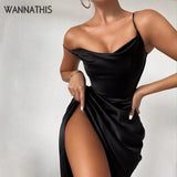 Dress Women Summer Satin Party Dress Black V-Neck Hight Side Split Sexy Mini Dress Women Ruched Skinny Elegant