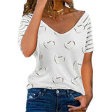 Women Heart Striped Printed Zipper T Shirt Short Sleeve Casual Tops Loose Summer Fashion Sexy Clothing Top De