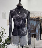 Shooting Denim Pattern Dye Printing Retro Babes Thin Mesh T-Shirt High-Necked Long Sleeve Bottom Shirt Top