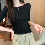 Solid Color Word Shoulder Slim Shows The Thin Bottom Shirt The Girl Autumn New Design Sense Middle Sleeve T-Shirt Hot Girl Blouse-Outfit