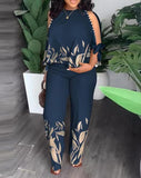 Toloer New Women's Round Neck Nail Bead, Rotator Sleeve T-Shirt And Trousers Positioning Print