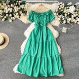 Dress Women's Dress Temperament Gentle Wind The Word Shoulder Bubble Sleeves Waist Shows Thin Fairy Dress Sweet Holiday Dress-Outfit