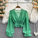 2021 Autumn Fashion Korean Women Blouse Long Sleeve V Neck Elastic Ruched Slim Tops Elegant Streetwear Short