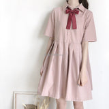 Women Bow-knot Pleated Lapel School Style Harajuku Large Size 2XL Cute Girls Newest Midi Dresses Daily Soft Popular