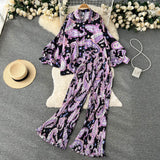 Holiday Fashion Print Two Pieces Sutis Autumn Batwing Sleeve Loose Top+Casual Straight Long Pant 2022 Retro Women