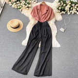 Office Lady Notched Collar Patchwork Romper Women Elegant Short Sleeve High Waist Wide Leg Playsuits Female Summer OL