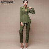 Green Women Blazer Set Double-breasted Slim Jacket & Pencil Pant Women Pant Suit Ladies Work Suit Female 2 Piece