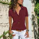 Cotton Tops Blouses 2019 Autumn Short Sleeve Solid V-Neck Office Blouse Female Work Women Button Up Shirt Plus Size