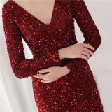 Winter Elegant Deep V Neck Long Sleeve Slit Cocktail Eevening