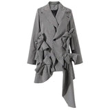 Women Black Plaid Ruffles Irregular Blazer New Lapel Long Sleeve Loose Fit Jacket Fashion Tide Spring Autumn 2023