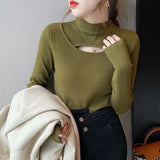Hollow Out Pullover Women Sweaters Half Turtleneck Long Sleeve Knit Tops Elegant Jumper Autumn and Winter Clothes