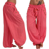 Pants Women Fashion Casual Loose Long Pants Solid Color Baggy Harem Pants Summer Button Sashes Wide Leg Trousers