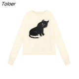 Pattern Black Knitted Sweater Round Collar Long Sleeve Fashionable Autumn Women's Clothing Soft Pullover Women Thin