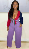 Party Sexy Contrast Color Knotted Crop Top and Wide Pants 2 Piece