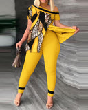 Women's Wear Summer New Fashionable Leisure Forked Oblique Collar Printing Suit-Outfit