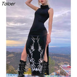 Gothic Print Midi Dress For Women Summer Turtleneck Dark Academia Fashion Long Dress Harajuku Sleeveless Black