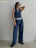 Fashoin Blue Office Two Piece Sets Women Outifits Elegant Sleeveless Crop Top With High Wasit Patchwork Pants Set