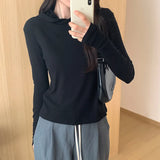 Hooded Solid Color Long-Sleeved T-Shirt Women's Early Autumn New Style Design Slim And Thin T-Shirt-Outfit