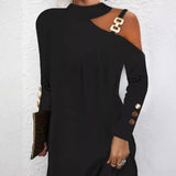 Explosion Autumn Simple Metal Buckle Hanging Neck Button Dress Women's