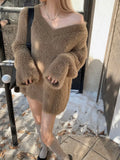 Winter V-Neck Elegant Sweater Women Casual Outwear Faux Fur Knitted Pullover Office Lady Y2k Clothing Korean Fashion