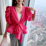 Elegant Loose Women Shirt V Neck Puff Half Sleeve Tunic Lace Up Bow Patchwork Ruffles Blouse Female Fashion