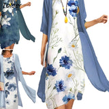 Pc/Set Vintage Flower Ink Painting Women Dress with Cardigan Dress Floral Print Bohemian Spring Summer Chiffon for Office