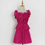 Sweet Style Two Piece Suit Women‘s Clothing Bowknot Square Collar Sleeveless Top High Waist Shorts Female 2021