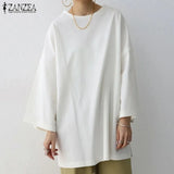 Womens Baggy Solid Blouse ZANZEA 2022 Vintage Flare Sleeve Tops Casual Autumn Blusas Female Split Tunic Oversized