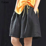 Cotton Linen Loose Shorts for Women Summer Casual Pocket Elastic Waist Shorts Woman 2023 New Wide Leg Short Pants