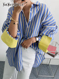 Straight Fashion Shirt For Women Lapel Long Sleeve Striped Colorblock Button Through Blouse Female Clothing