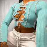 8 Colors Sexy Hollow Out Women Long Sleeve Crop Tops Striped Patchwork Drawstring Ribbed Bandage Fitness