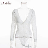 Bohemian Lace Floral Bodysuit Women Hollow out Sexy Long Sleeve Jumpsuit Jumpsuit Romper Mujer Slim Catsuit