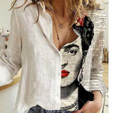 2021 Women Botton Vintage Polo-Neck Office Lady Spring Summer Loose Casual Cartoon Printing T-Shirt Long
