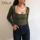 Long Sleeve Knitted Skinny Bodysuit Women Winter Autumn Winter Solid Square Collar White Black Casual Body Top