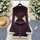 Luxury Famous Knitted Dress Woman Autumn Wooden Ear Over The Collar To Slim Beautiful Sister Mid-Long