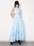 Casual Print Colorblock Cut Out Dress For Women Round Neck Sleeveless High Waist Loose Long Dresses Female